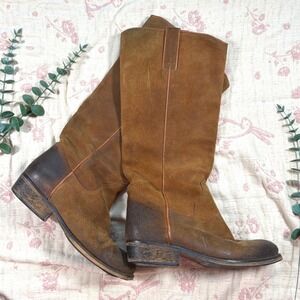 Frye Style Bronx Women Suede Tall Western Boots Size 38 Pull On Distressed Boho